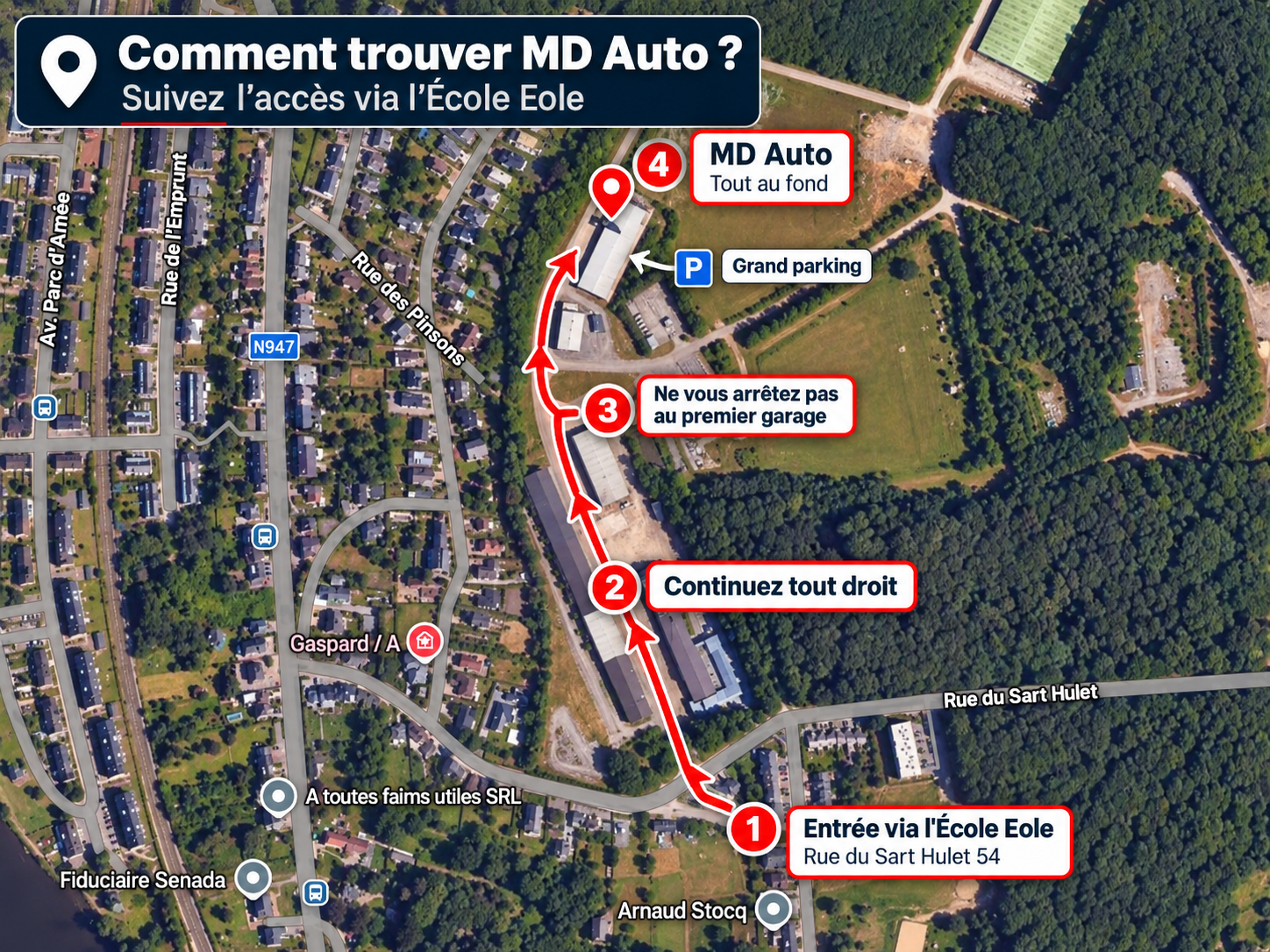Plan d'accès au garage MD Auto via l'École Eole Rue du Sart Hulet 54 à Jambes
